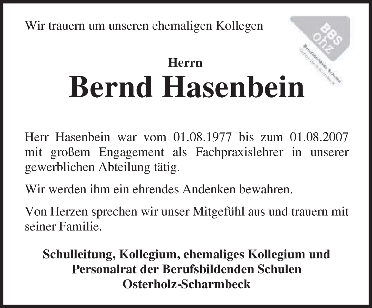 Traueranzeige von Bernd Hasenbein von Osterholzer Kreisblatt