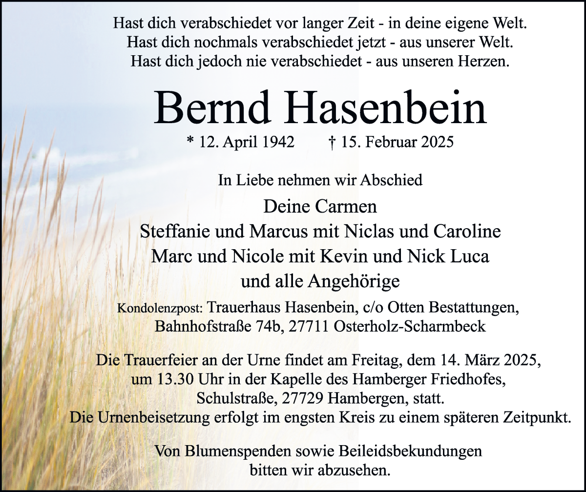 Traueranzeige von Bernd Hasenbein von Osterholzer Kreisblatt