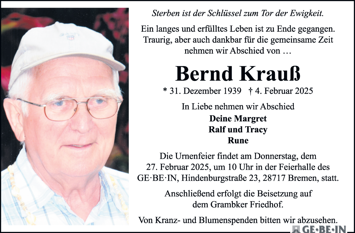 Traueranzeige von Bernd Krauß von WESER-KURIER