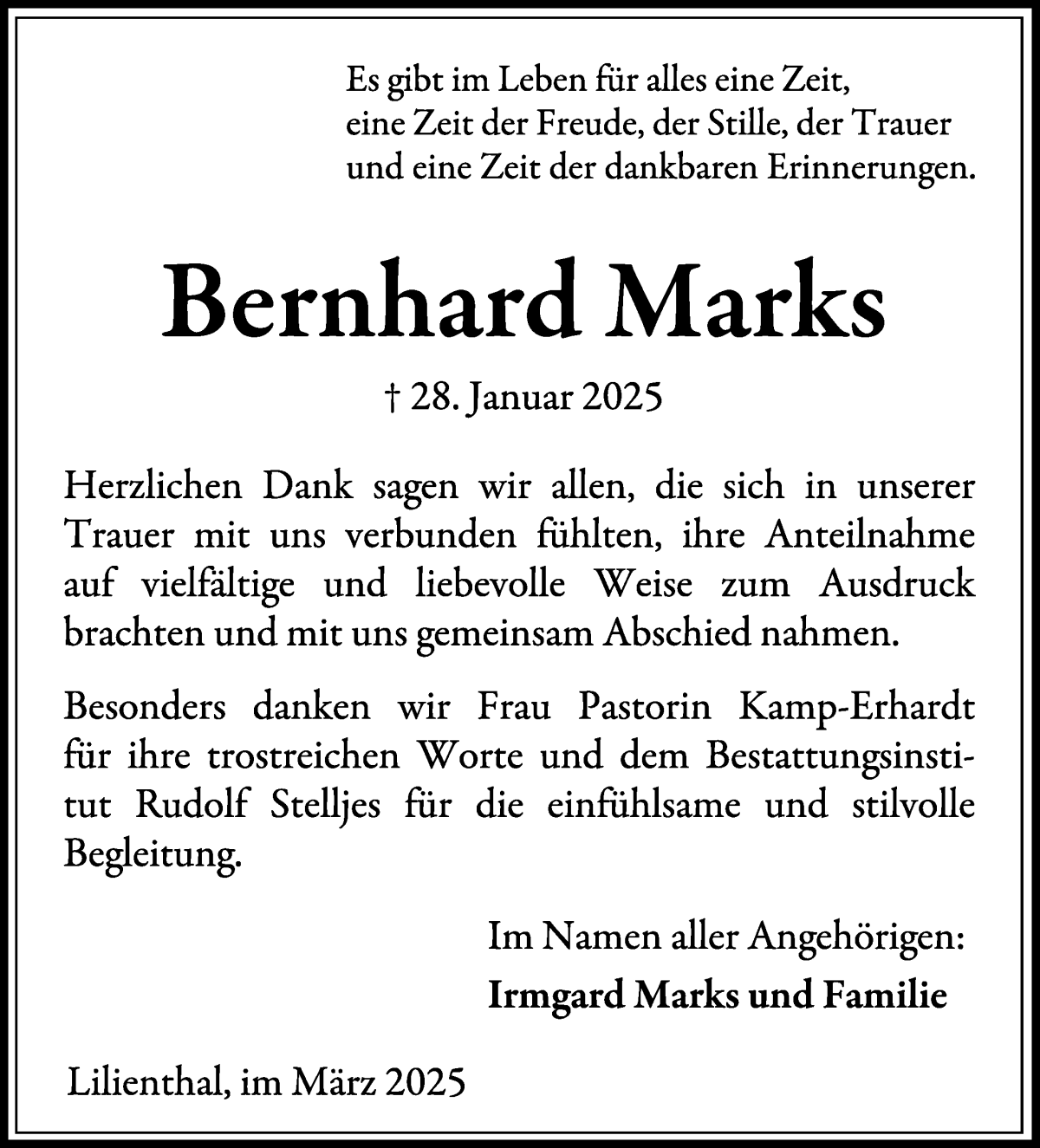 Traueranzeige von Bernhard Marks von Wuemme Zeitung