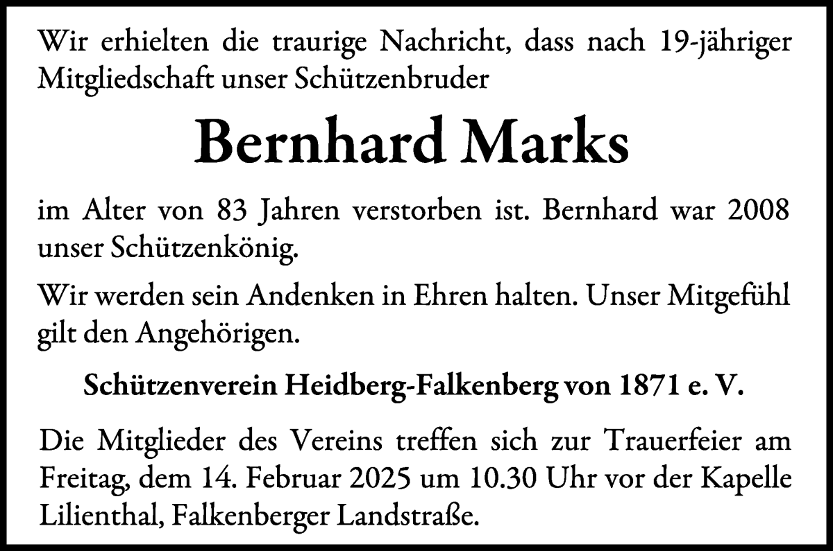 Traueranzeige von Bernhard Marks von Wuemme Zeitung