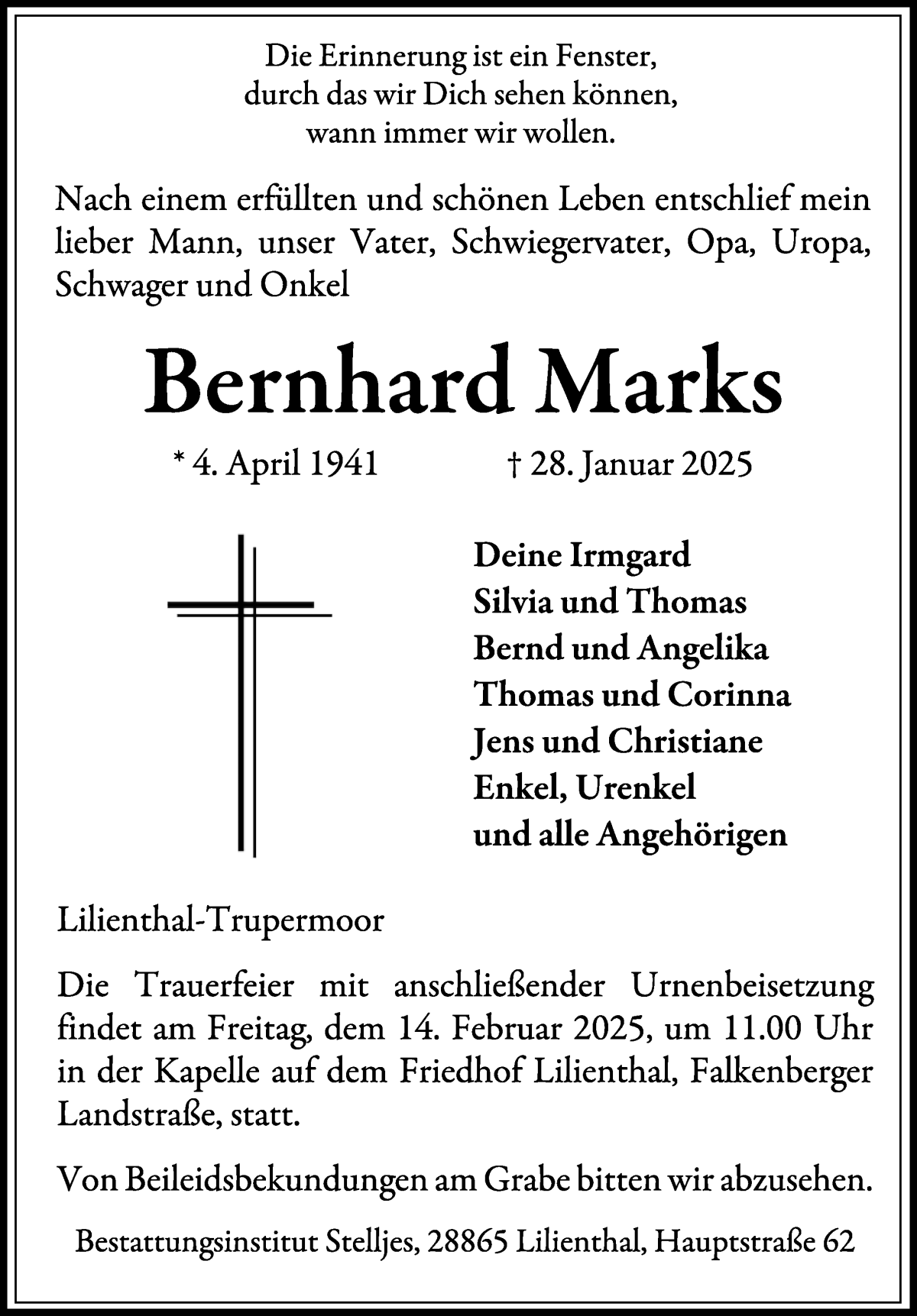 Traueranzeige von Bernhard Marks von Wuemme Zeitung