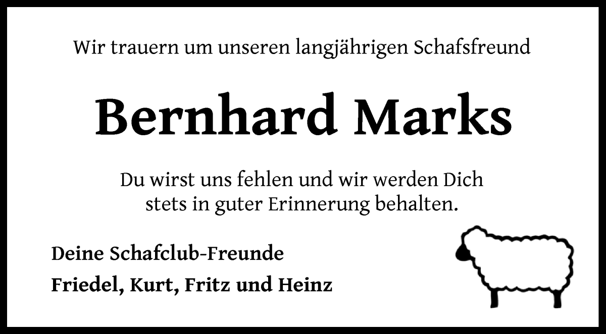 Traueranzeige von Bernhard Marks von Wuemme Zeitung