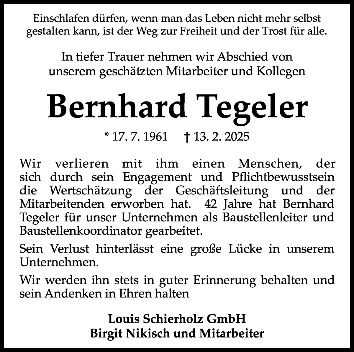 Traueranzeige von Bernhard Tegeler von WESER-KURIER