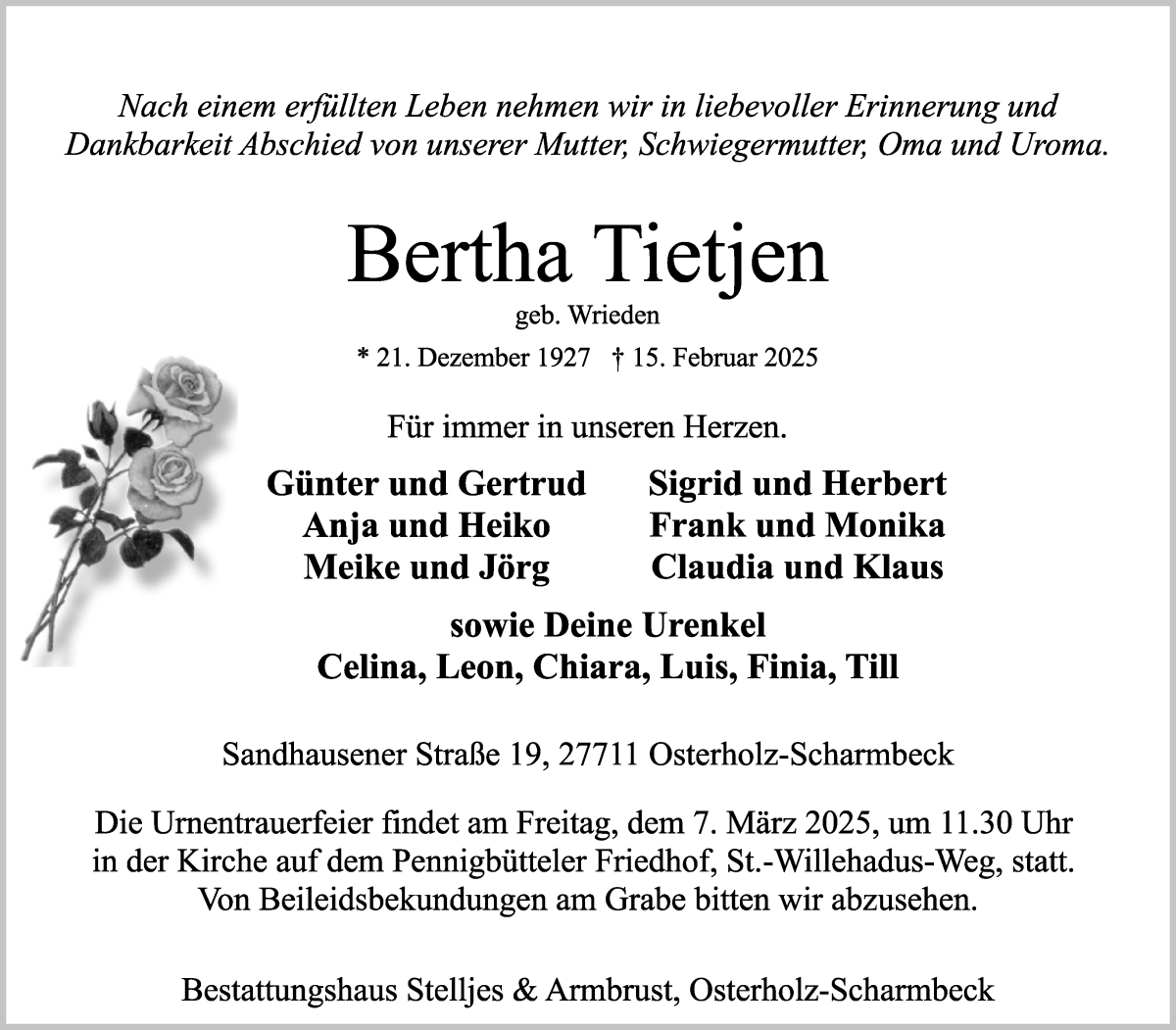 Traueranzeige von Bertha Tietjen von Osterholzer Kreisblatt