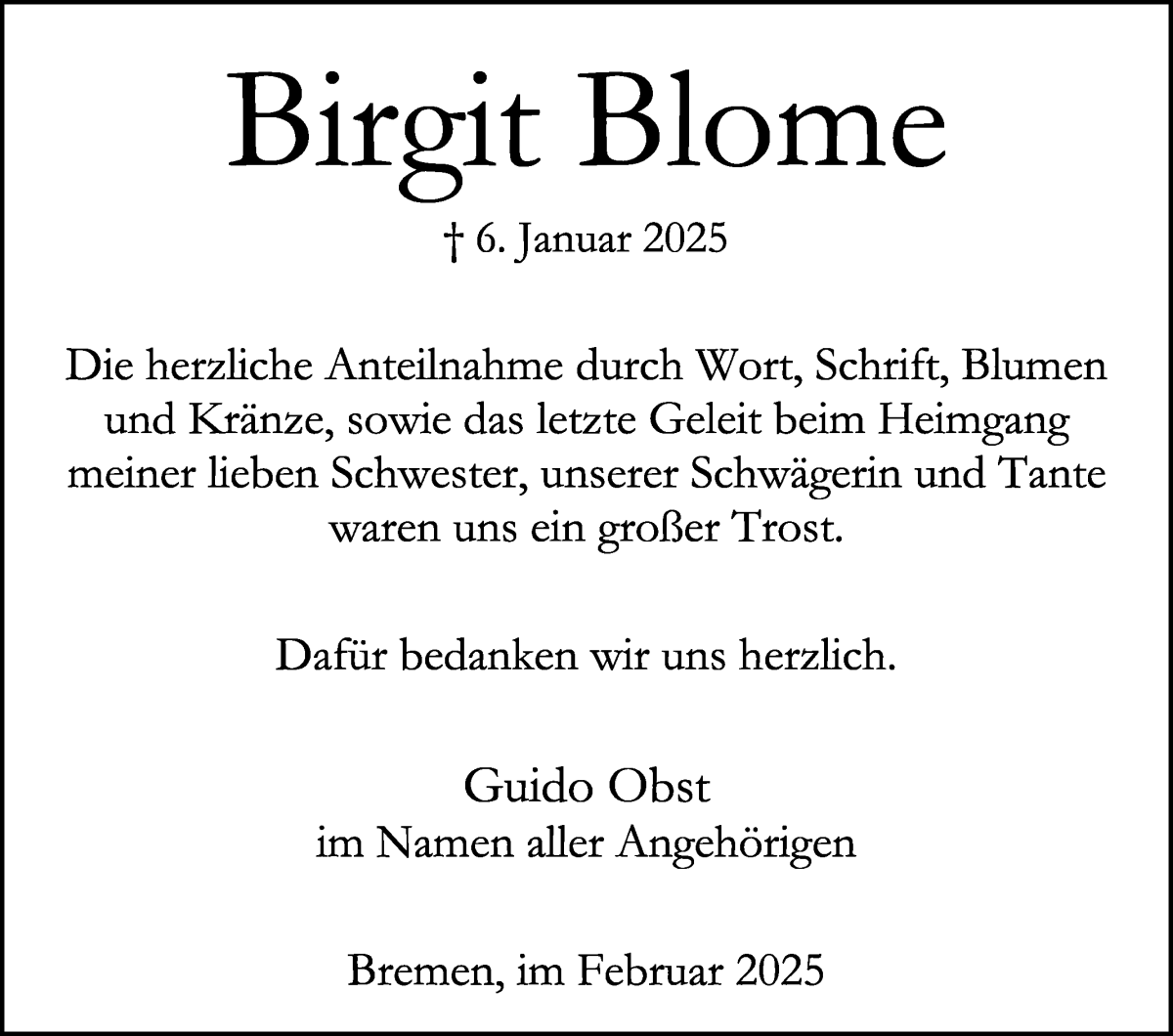 Traueranzeige von Birgit Blome von WESER-KURIER