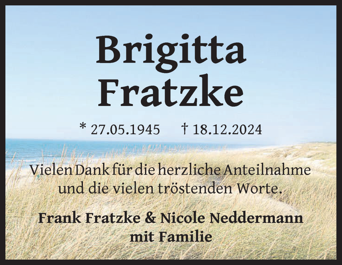 Traueranzeige von Brigitta Fratzke von WESER-KURIER