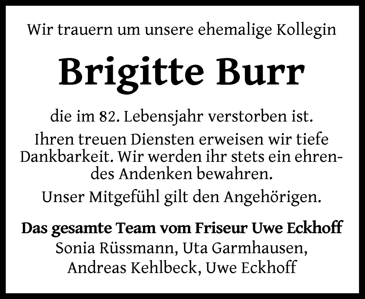 Traueranzeige von Brigitte Burr von WESER-KURIER