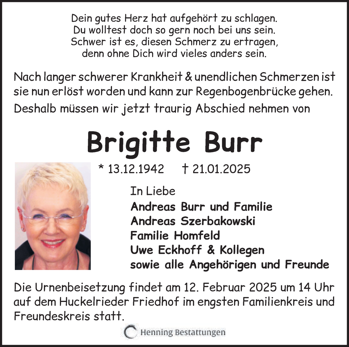 Traueranzeige von Brigitte Burr von WESER-KURIER