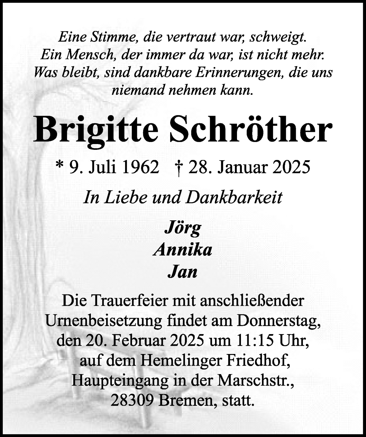 Traueranzeige von Brigitte Schröther von WESER-KURIER