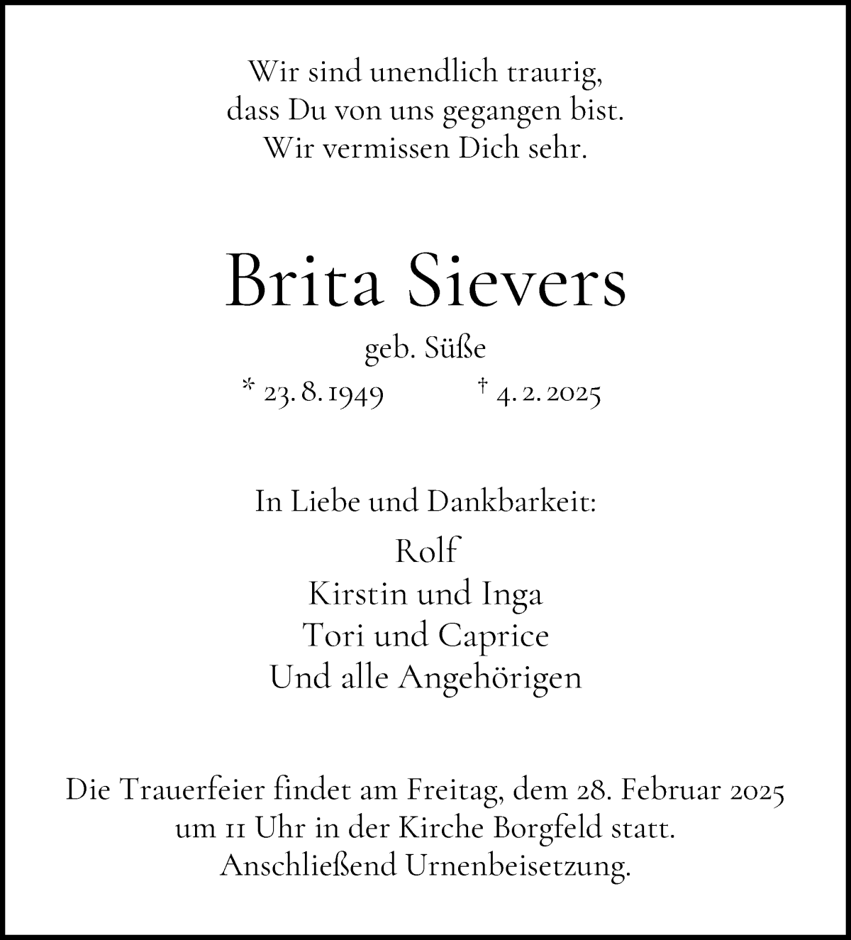 Traueranzeige von Brita Sievers von WESER-KURIER