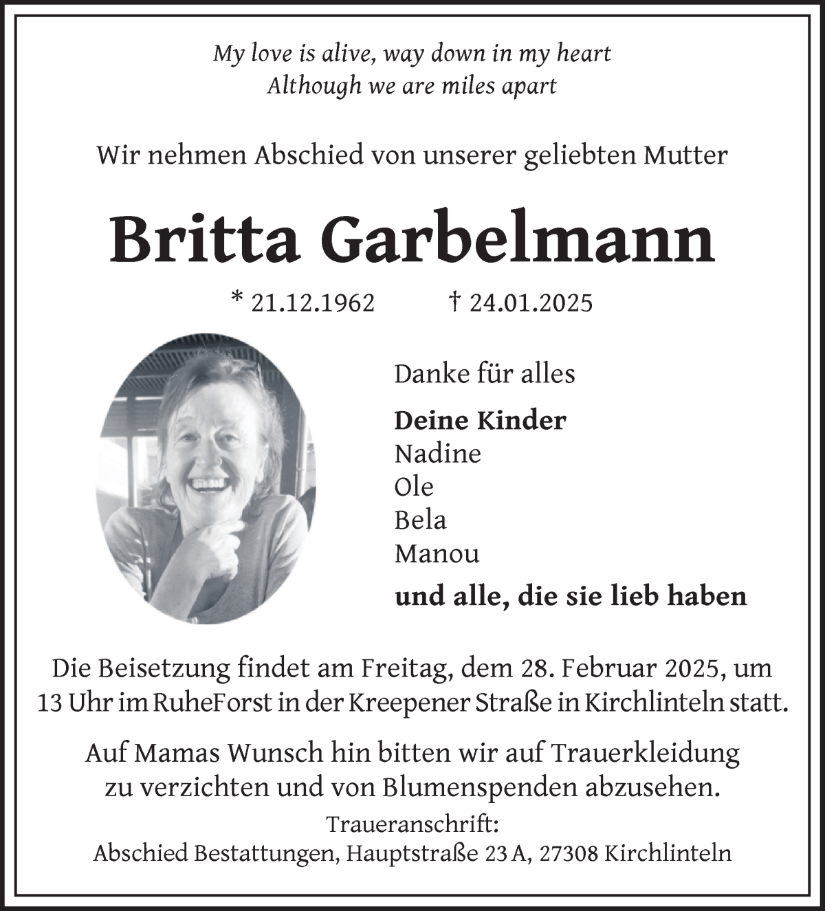 Traueranzeige von Britta Garbelmann von Achimer Kurier/Verdener Nachrichten