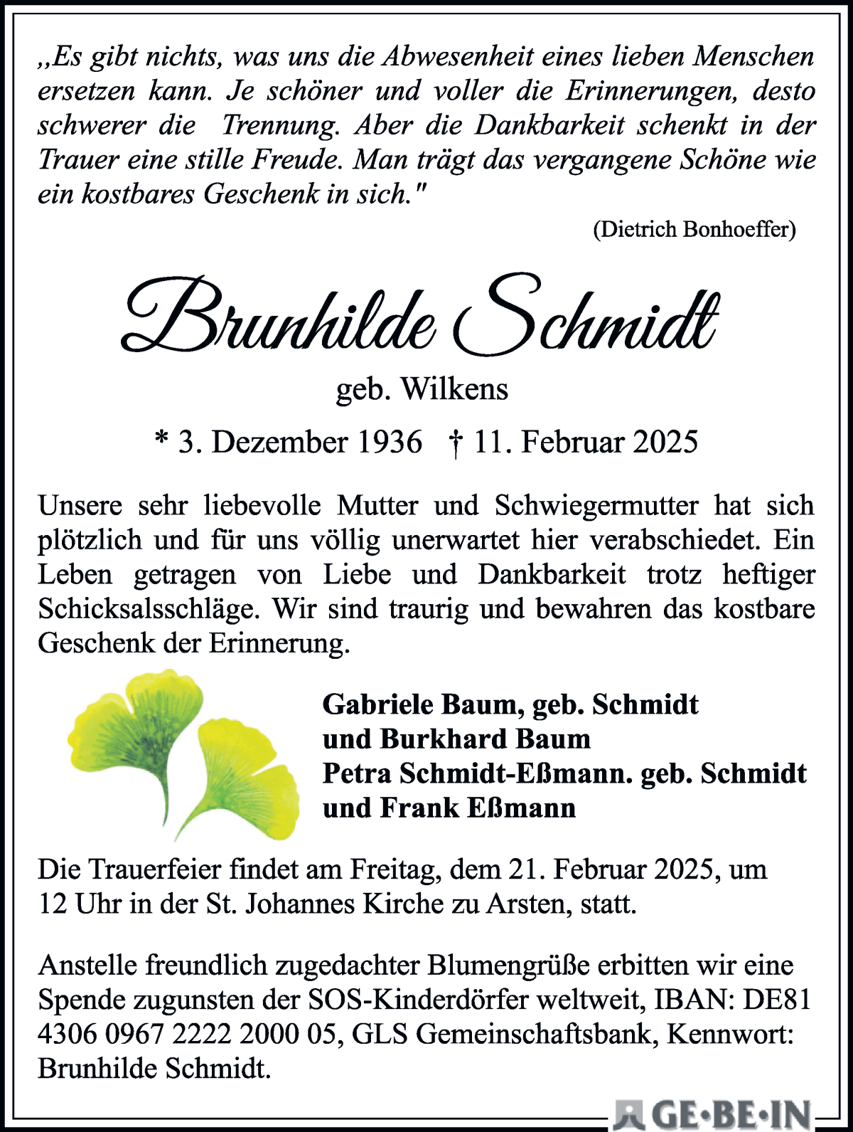Traueranzeige von Brunhilde Schmidt von WESER-KURIER