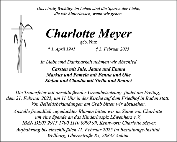 Traueranzeige von Charlotte Meyer von Achimer Kurier/Verdener Nachrichten