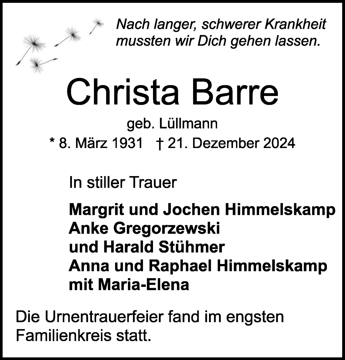 Traueranzeige von Christa Barre von WESER-KURIER