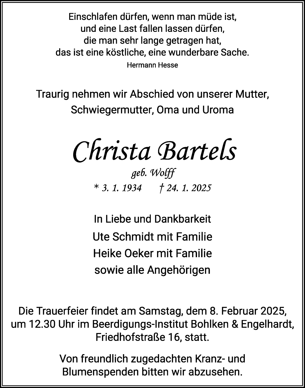Traueranzeige von Christa Bartels von WESER-KURIER