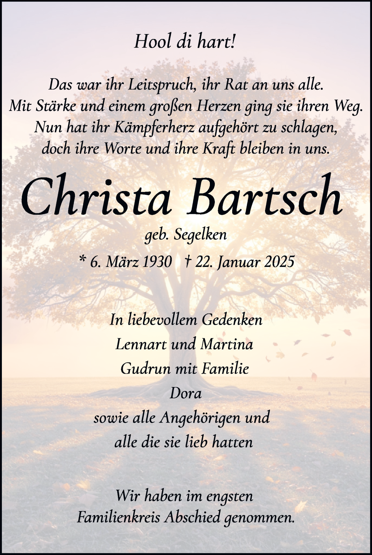 Traueranzeige von Christa Bartsch von WESER-KURIER