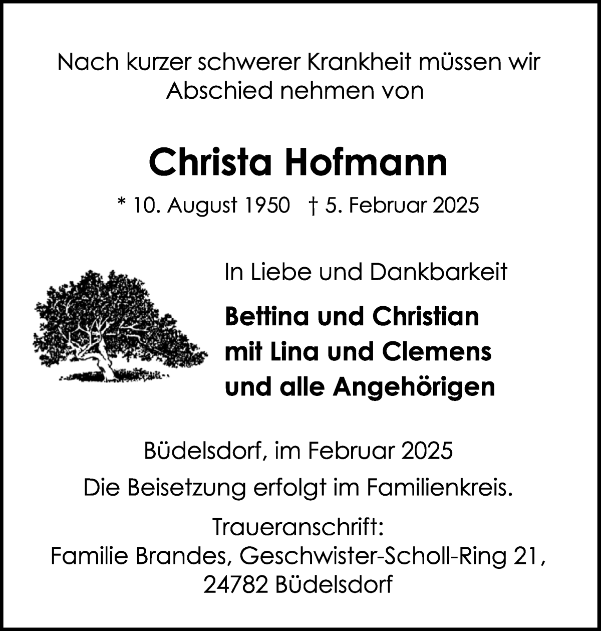 Traueranzeige von Christa Hofmann von WESER-KURIER