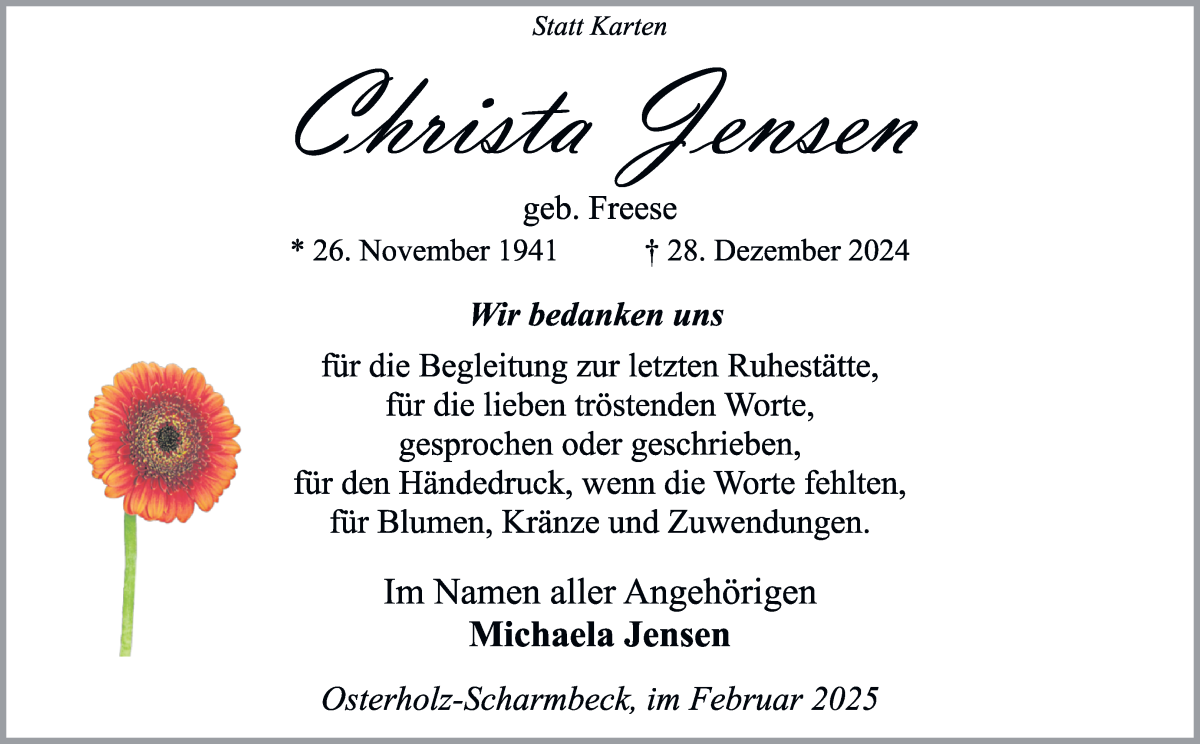 Traueranzeige von Christa Jensen von Osterholzer Kreisblatt