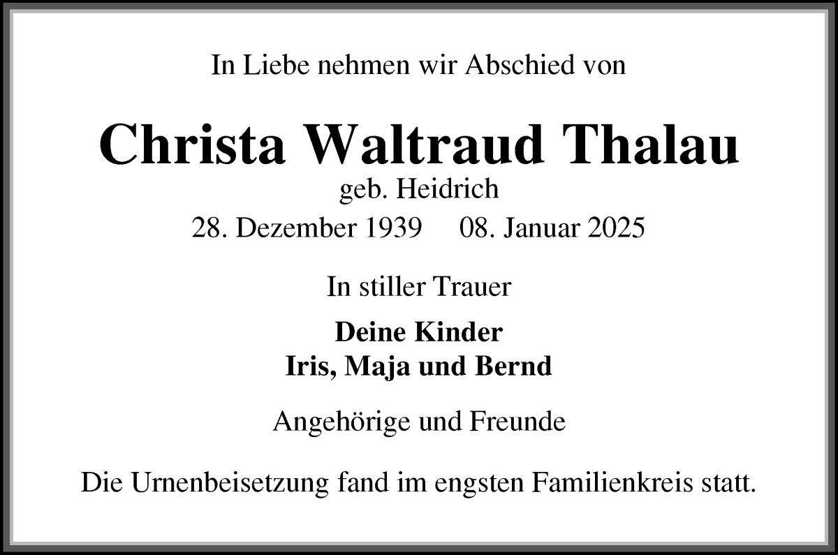 Traueranzeige von Christa Thalau von WESER-KURIER
