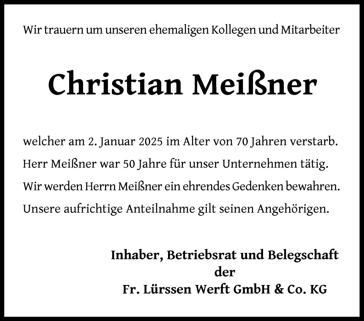 Traueranzeige von Christian Meißner von Die Norddeutsche