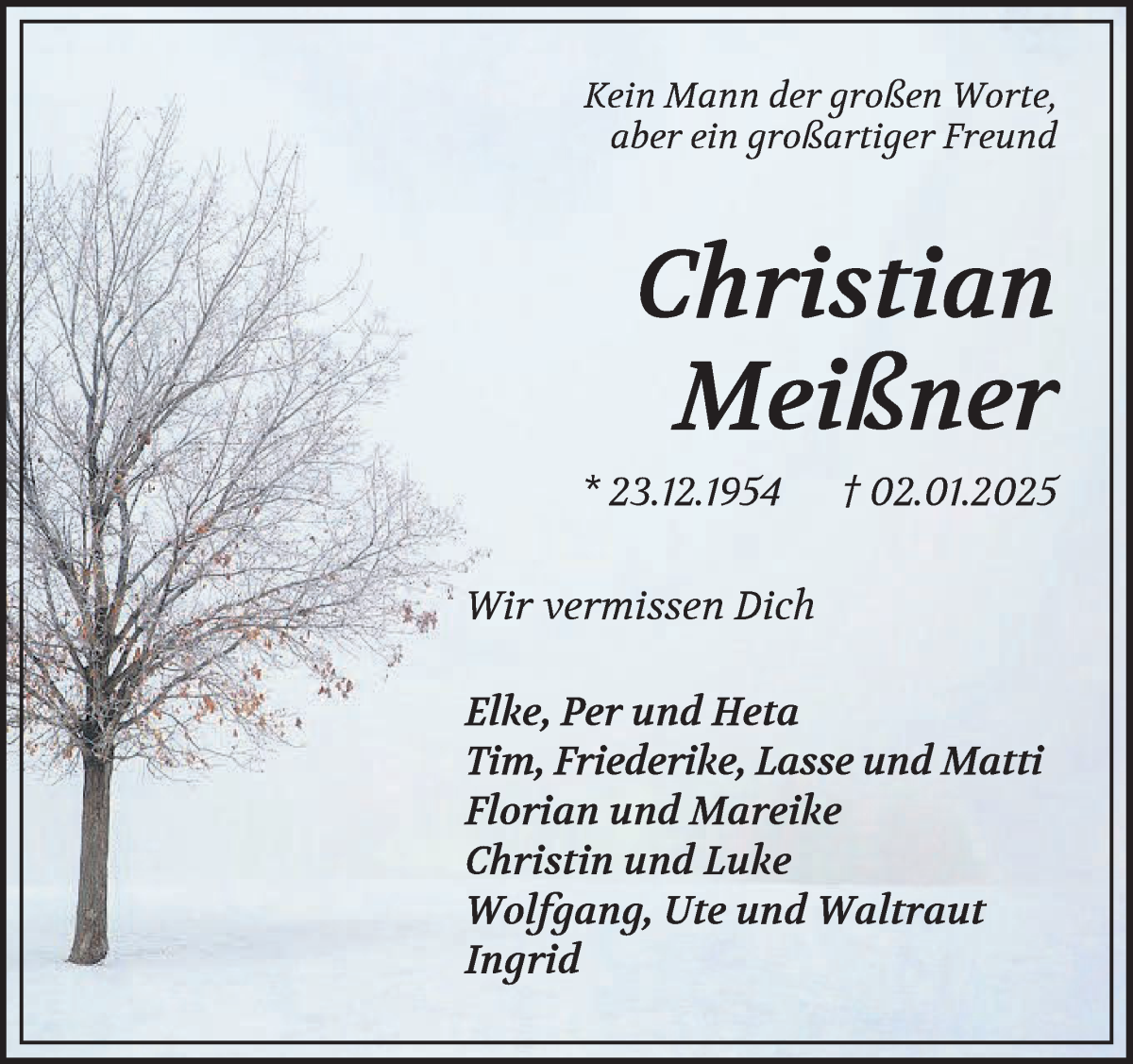 Traueranzeige von Christian Meißner von Die Norddeutsche