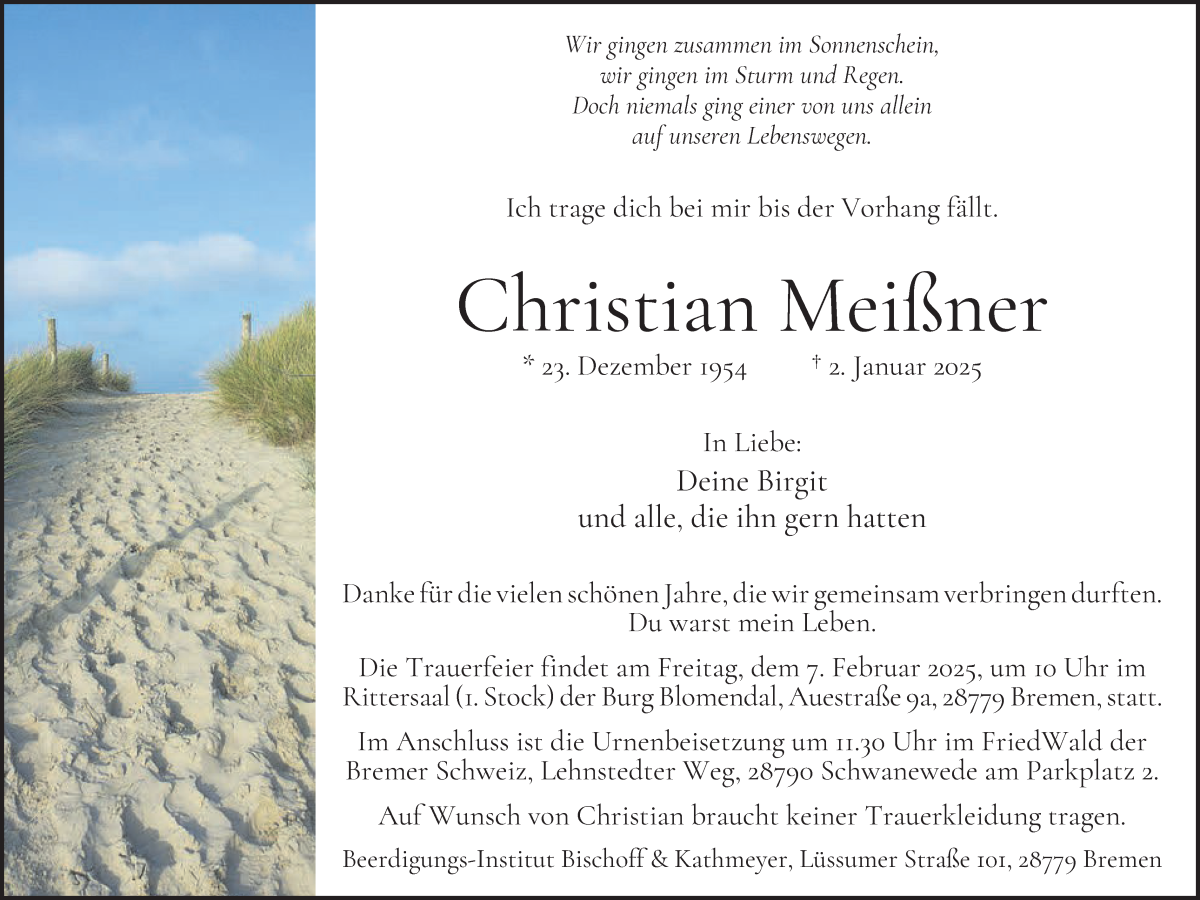 Traueranzeige von Christian Meißner von Die Norddeutsche