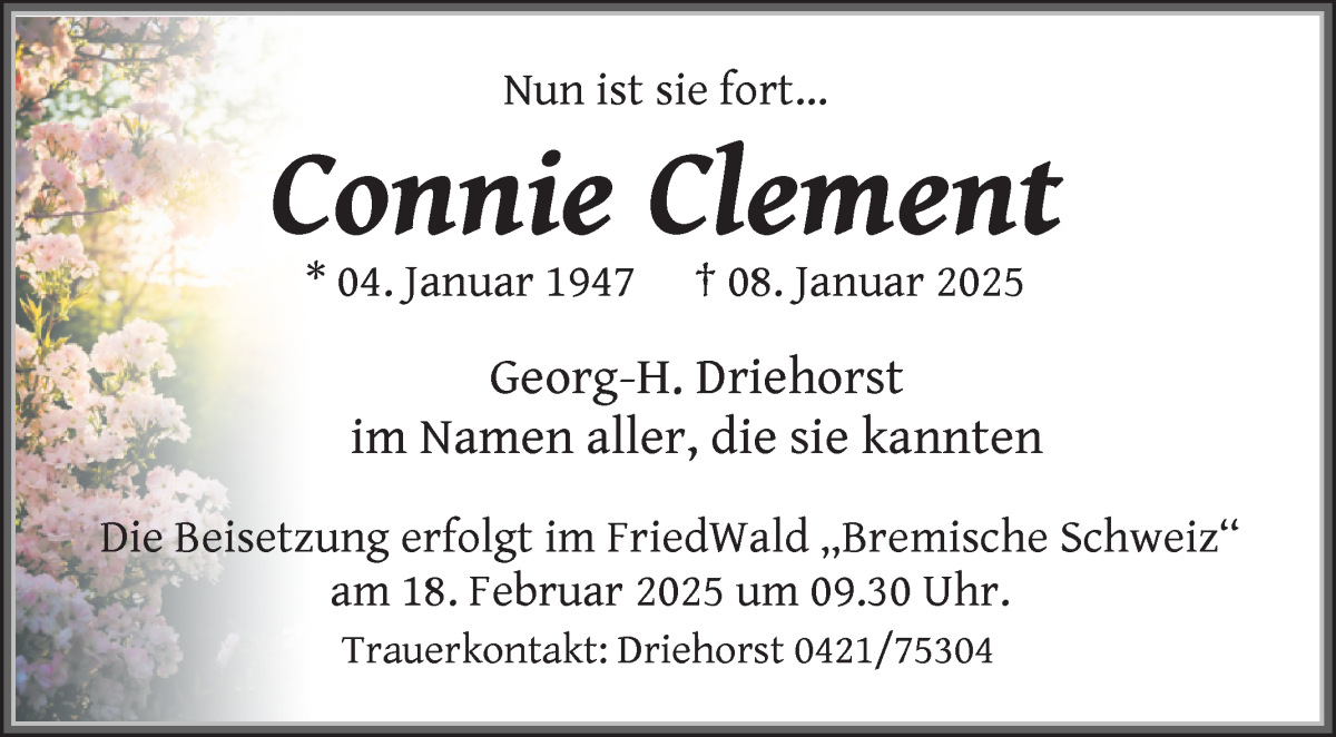 Traueranzeige von Connie Clement von WESER-KURIER