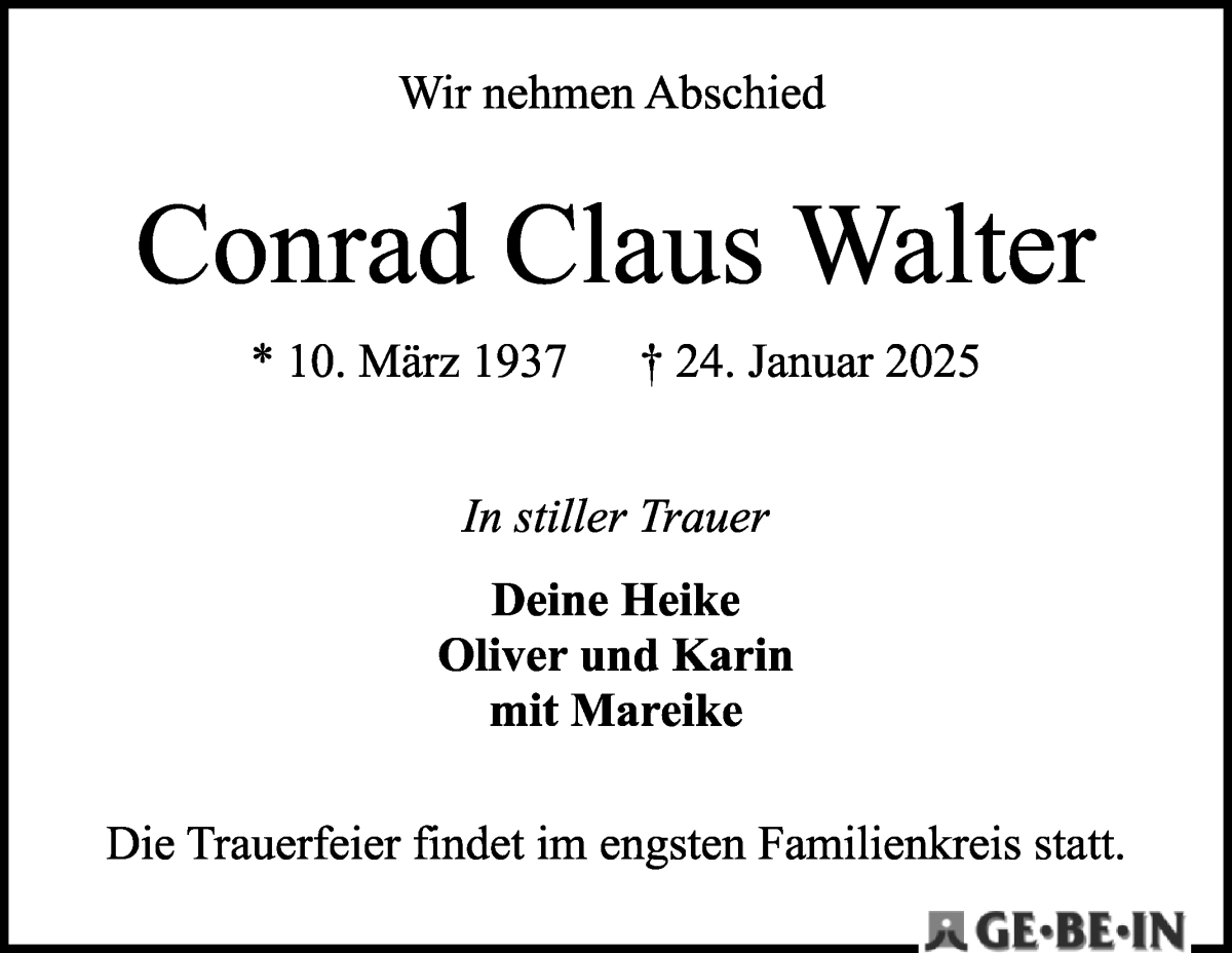 Traueranzeige von Conrad Claus Walter von Osterholzer Kreisblatt