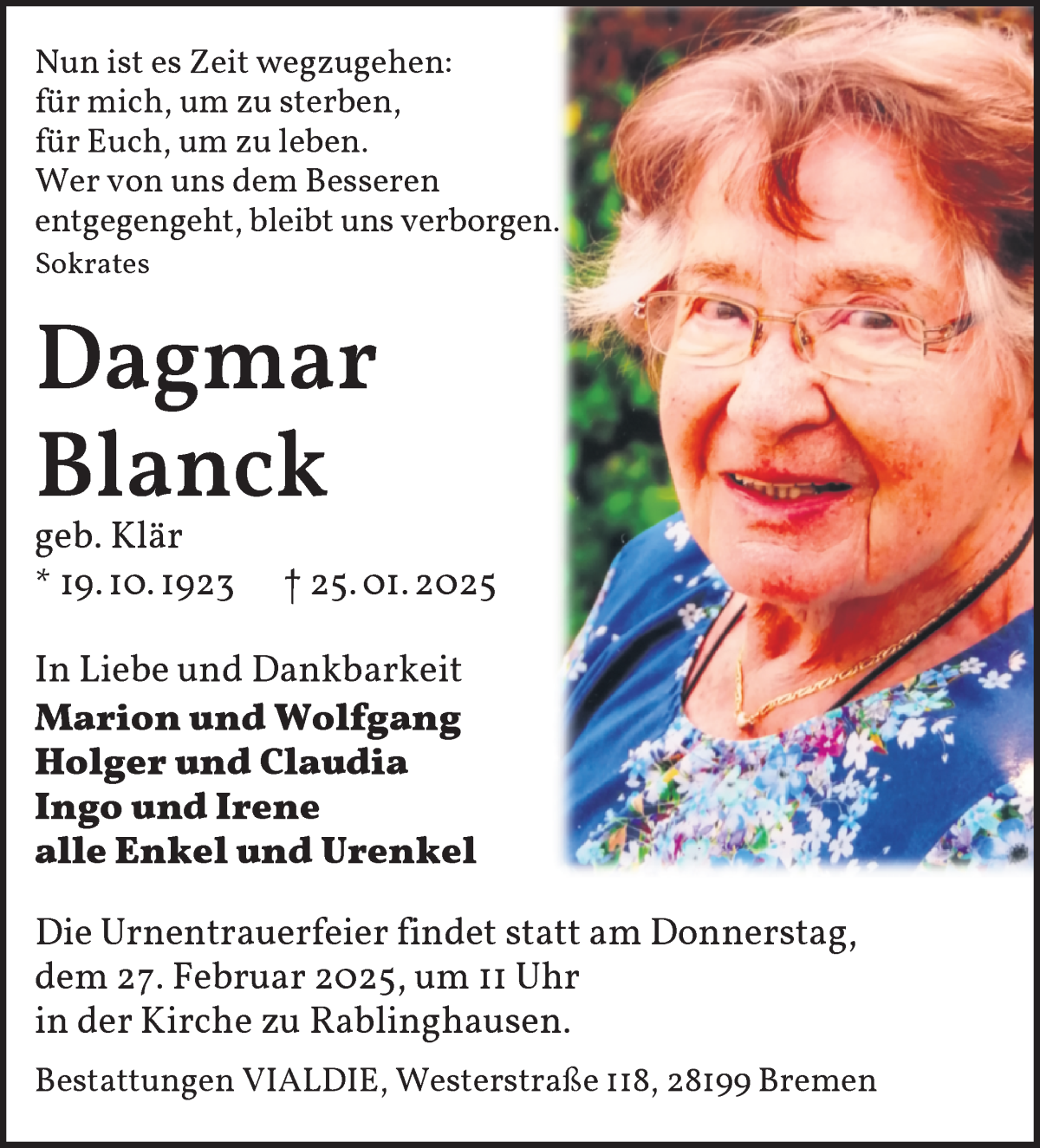 Traueranzeige von Dagmar Blanck von WESER-KURIER