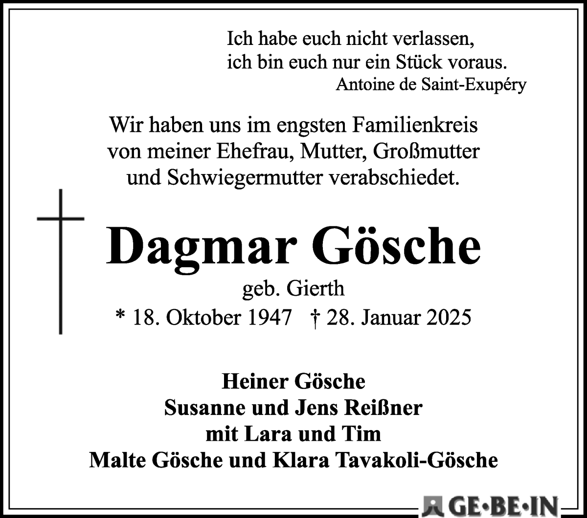 Traueranzeige von Dagmar Gösche von WESER-KURIER