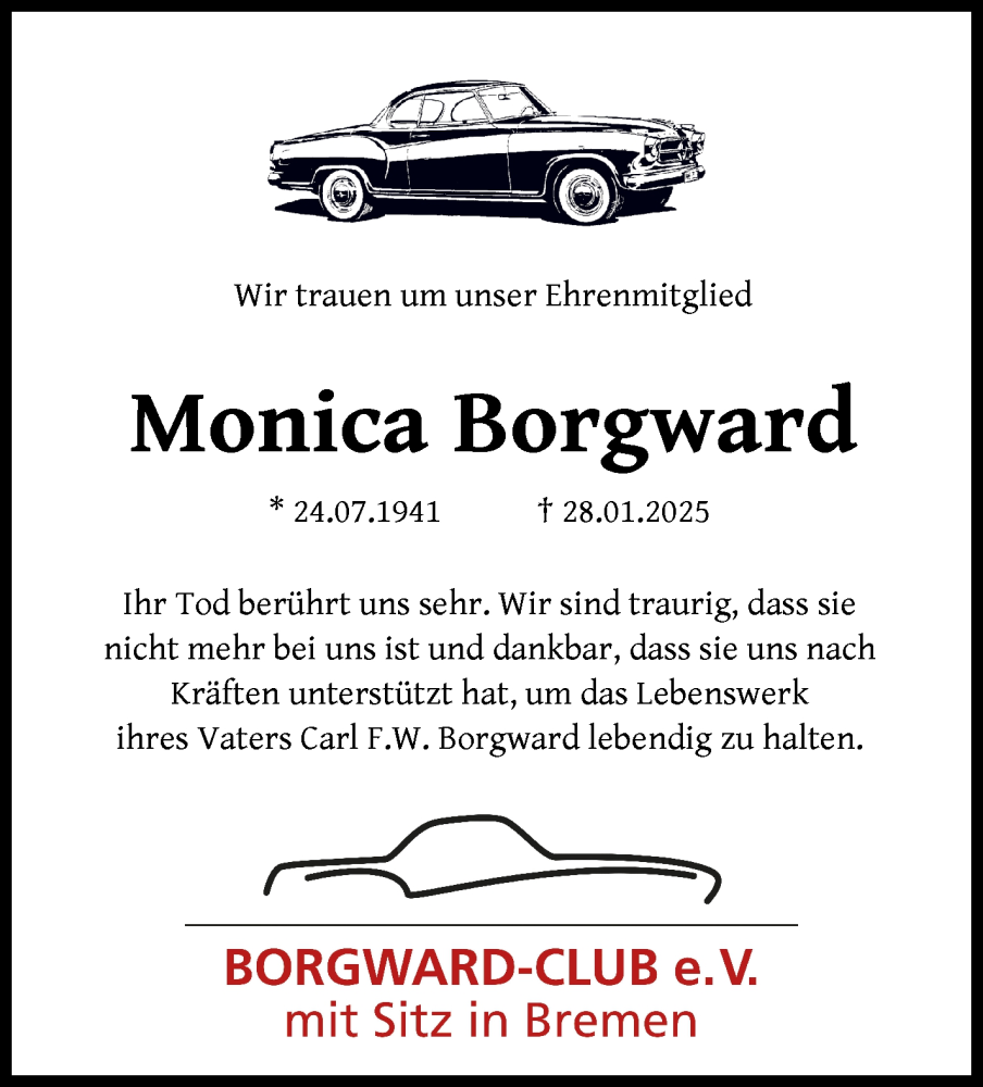 Traueranzeige von Monica Borgward von WESER-KURIER