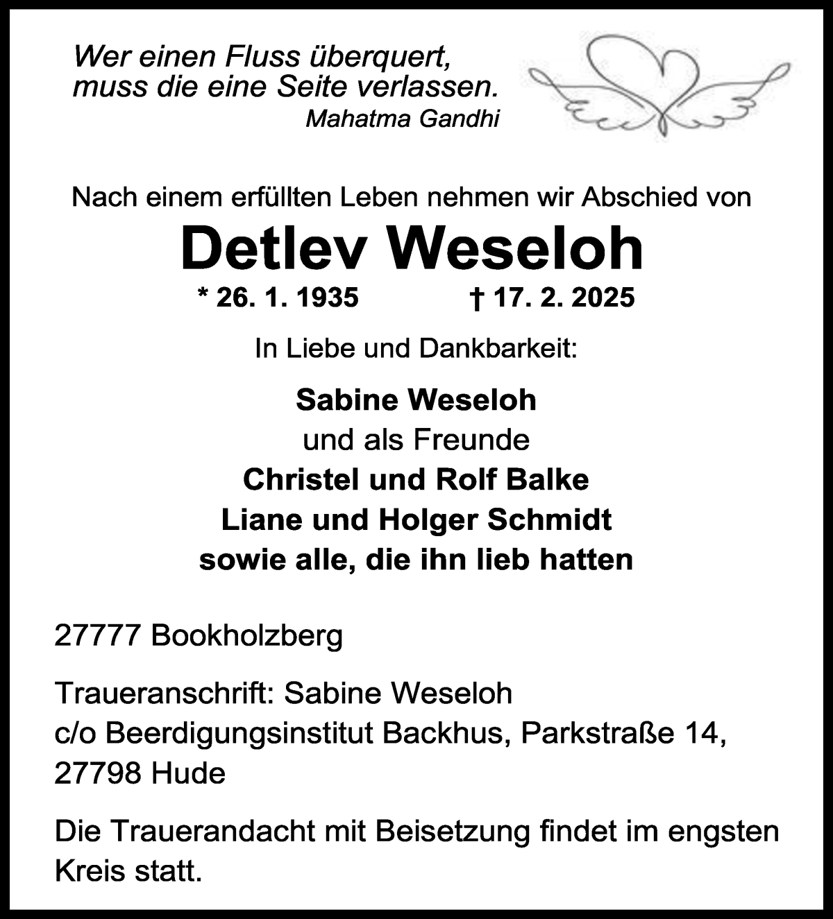 Traueranzeige von Detlev Weseloh von WESER-KURIER