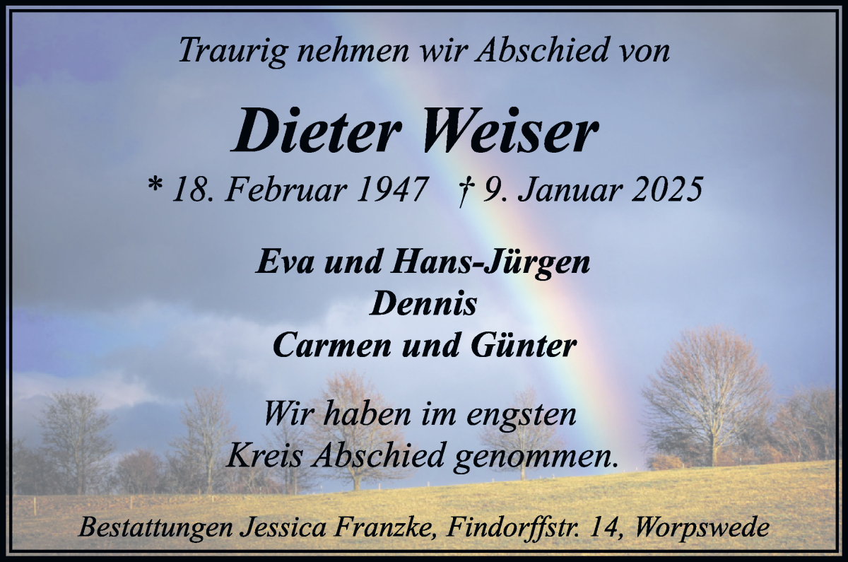 Traueranzeige von Dieter Weiser von Wuemme Zeitung