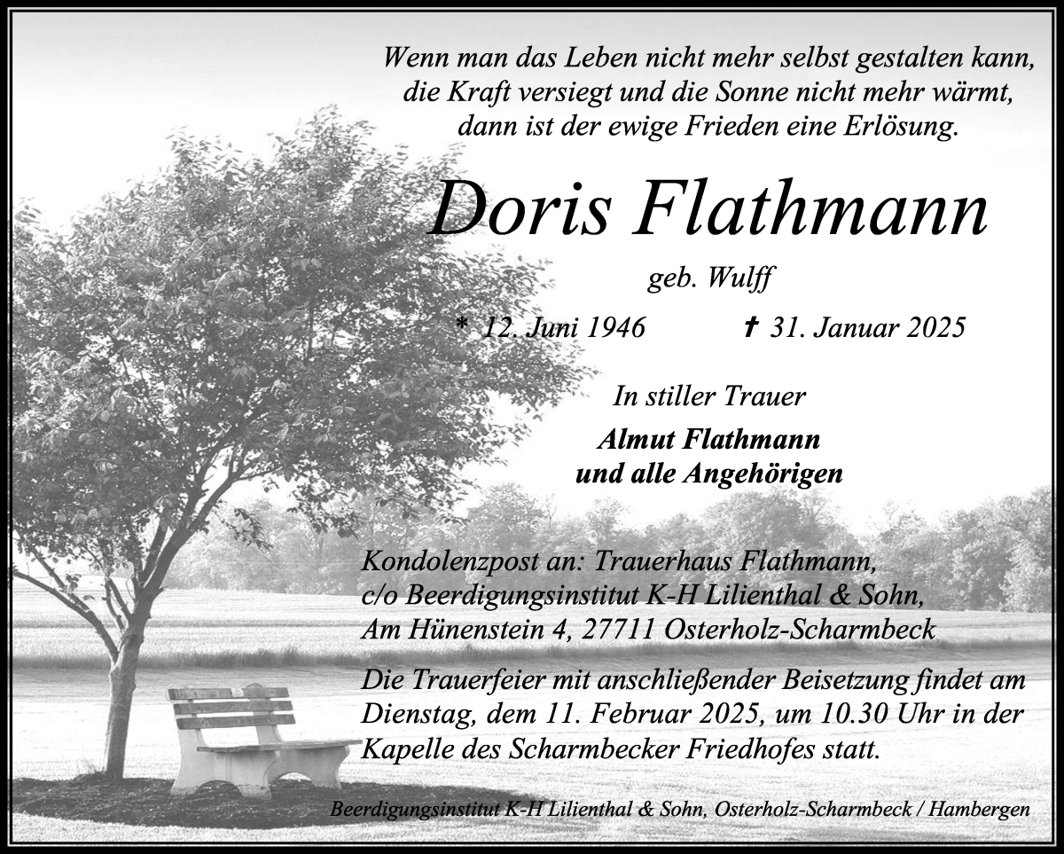 Traueranzeige von Doris Flathmann von Osterholzer Kreisblatt