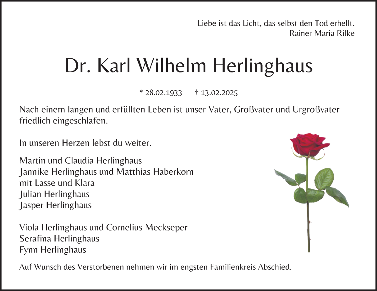 Traueranzeige von Dr. Karl Wilhelm Herlinghaus von Osterholzer Kreisblatt