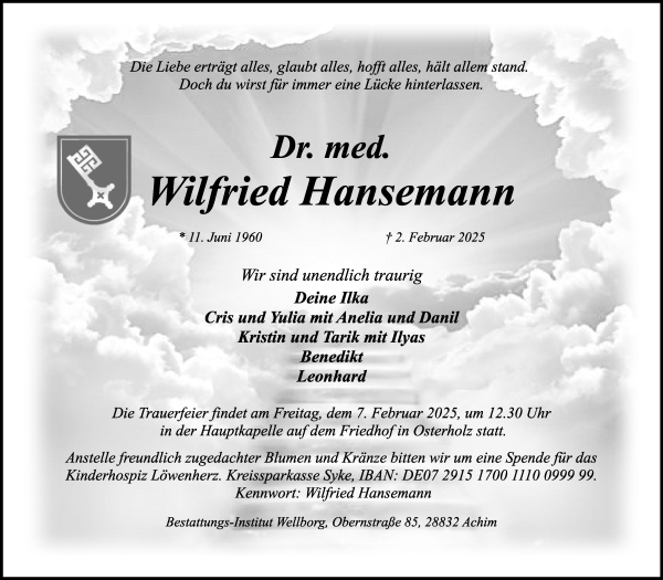 Traueranzeige von Dr. med. Wilfried Hansemann von WESER-KURIER
