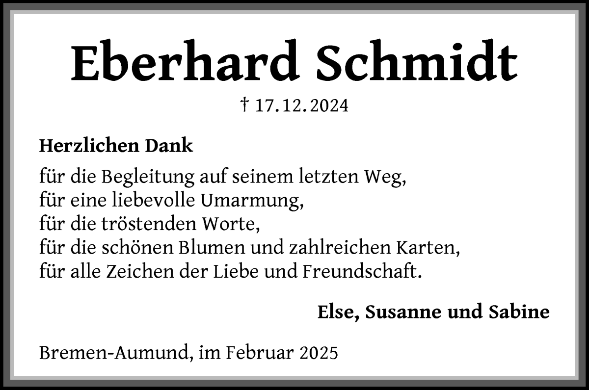 Traueranzeige von Eberhard Schmidt von Die Norddeutsche