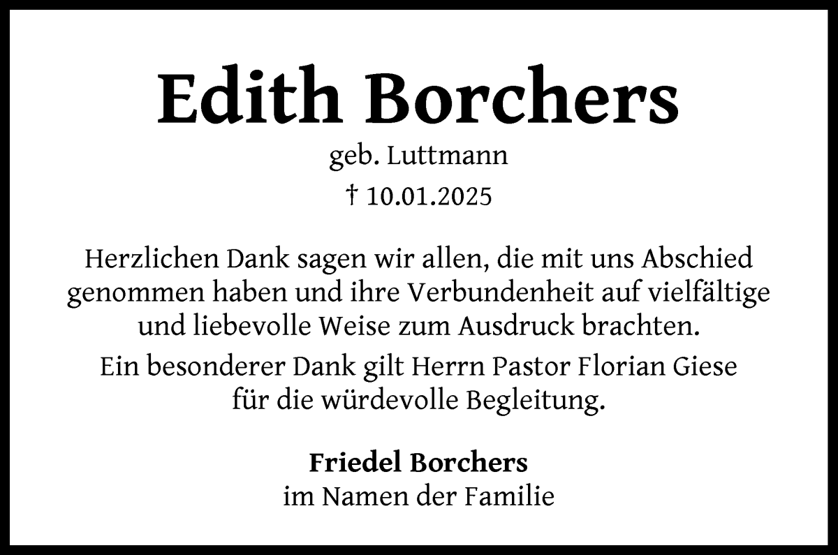 Traueranzeige von Edith Borchers von WESER-KURIER