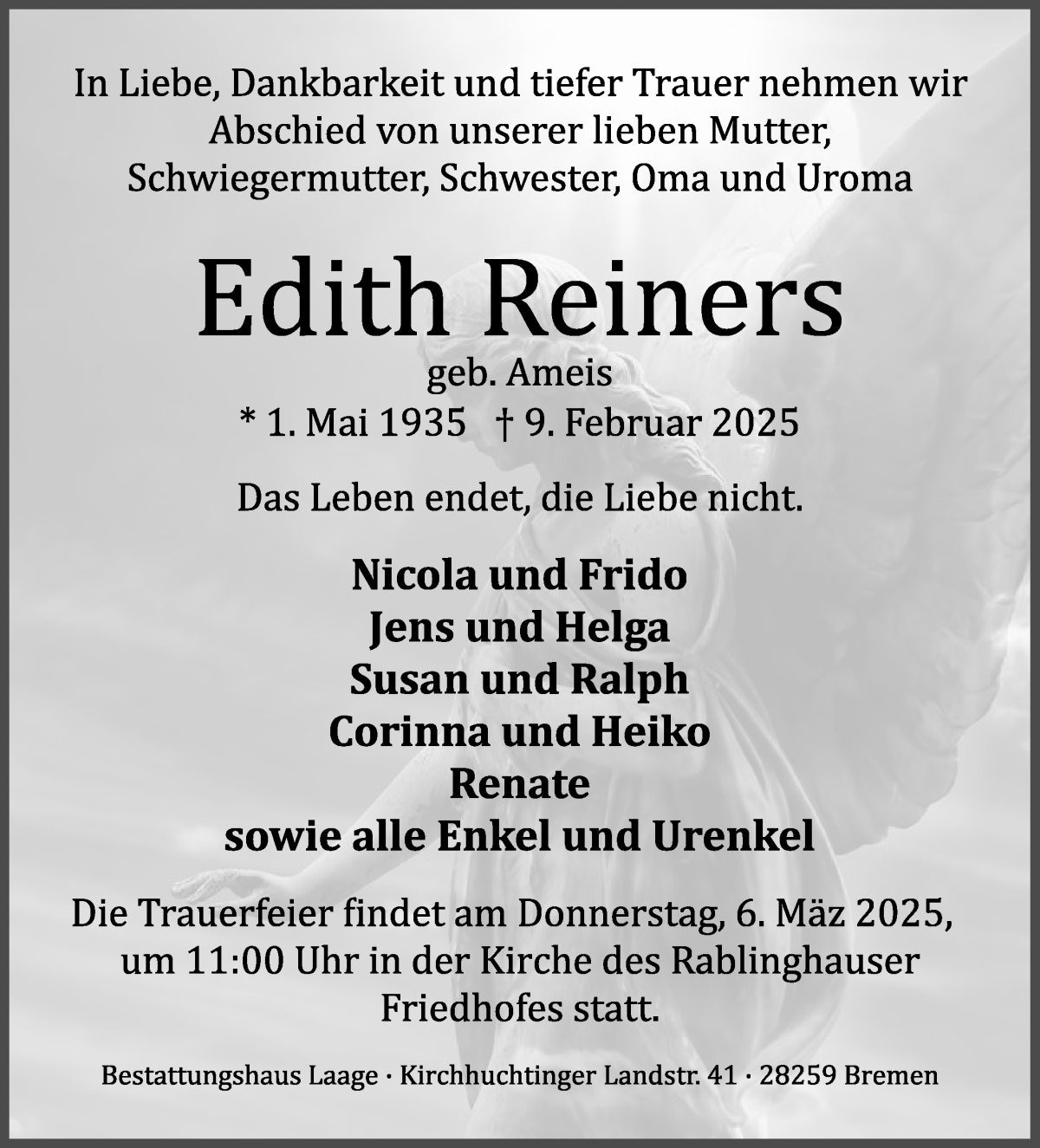 Traueranzeige von Edith Reiners von WESER-KURIER
