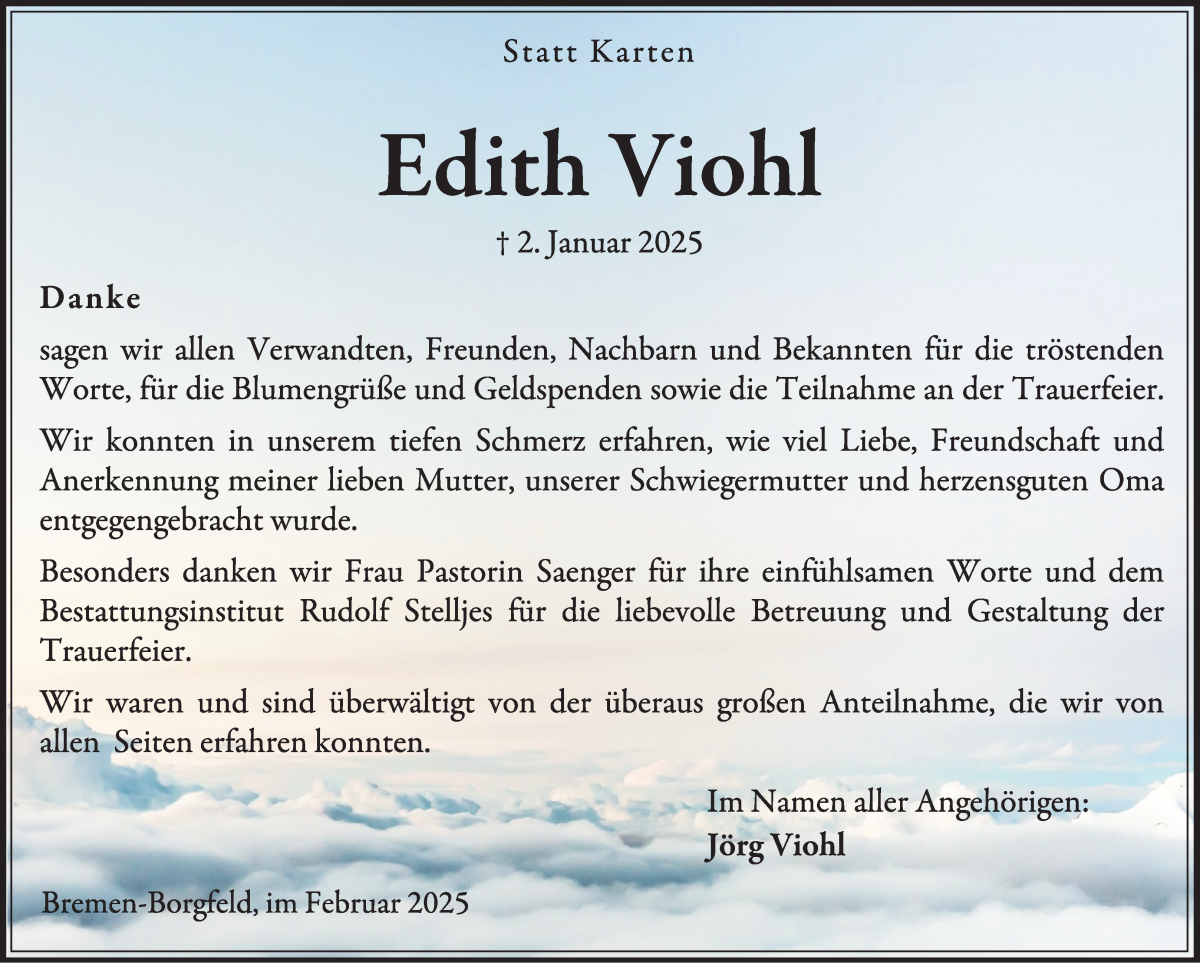Traueranzeige von Edith Viohl von Wuemme Zeitung