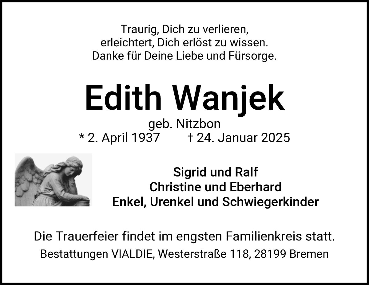 Traueranzeige von Edith Wanjek von WESER-KURIER