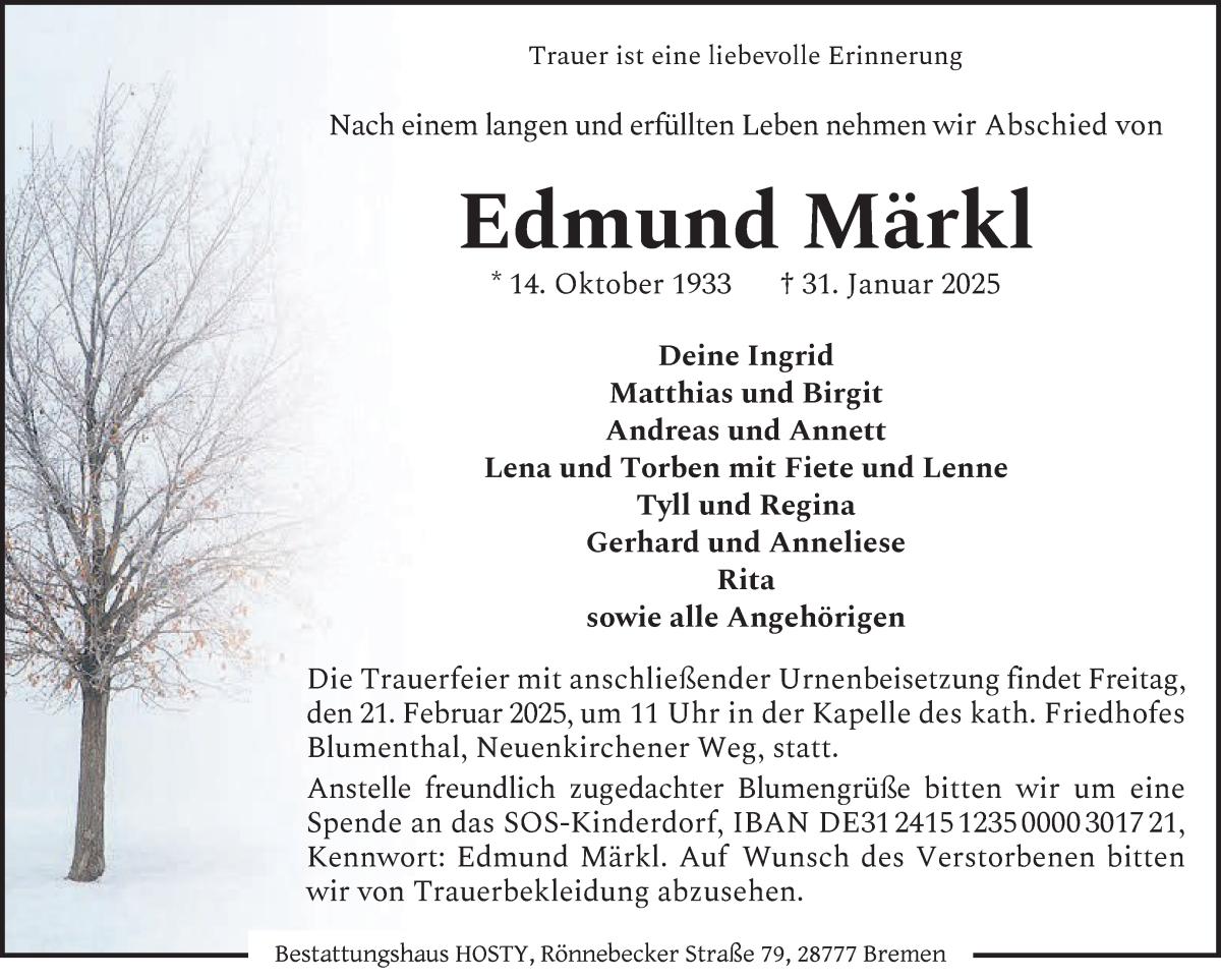 Traueranzeige von Edmund Märkl von Die Norddeutsche