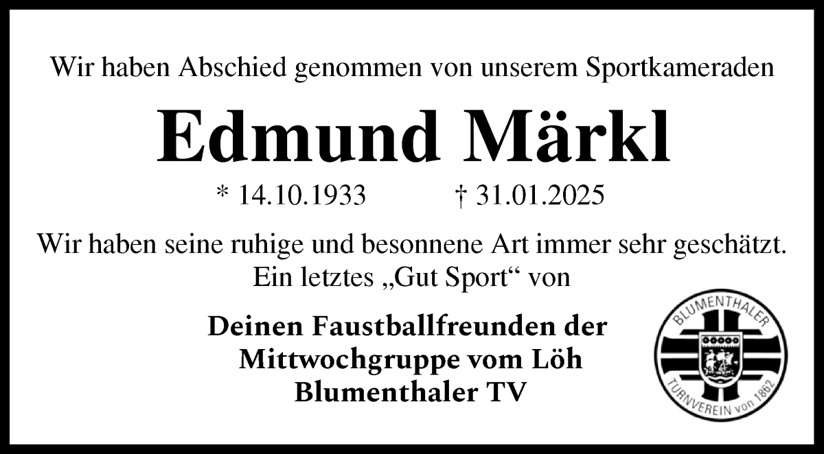 Traueranzeige von Edmund Märkl von Die Norddeutsche
