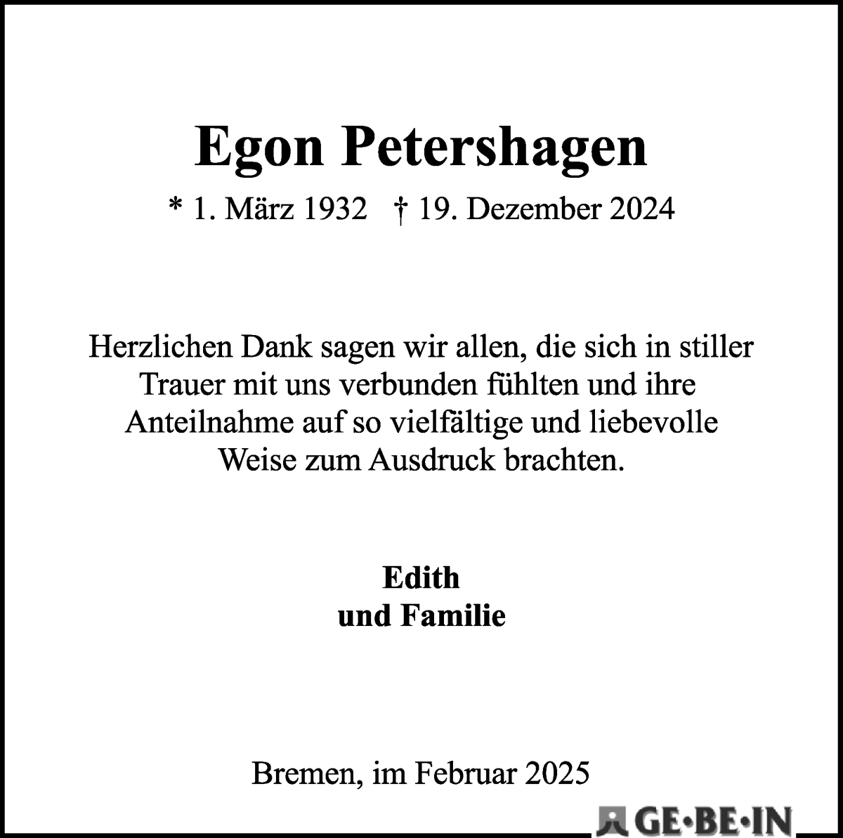 Traueranzeige von Egon Petershagen von WESER-KURIER