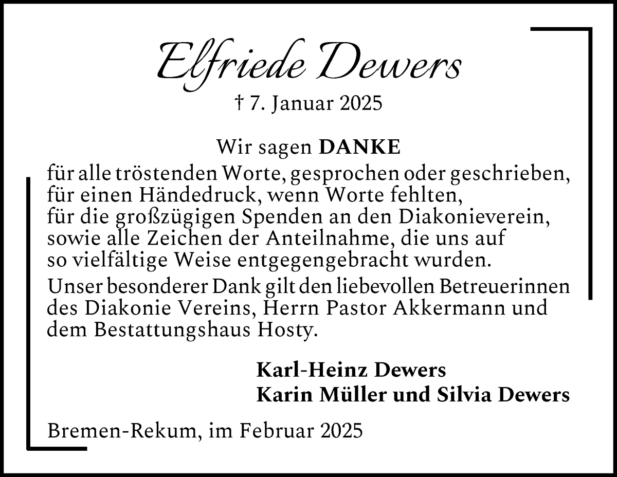 Traueranzeige von Elfriede Dewers von Die Norddeutsche