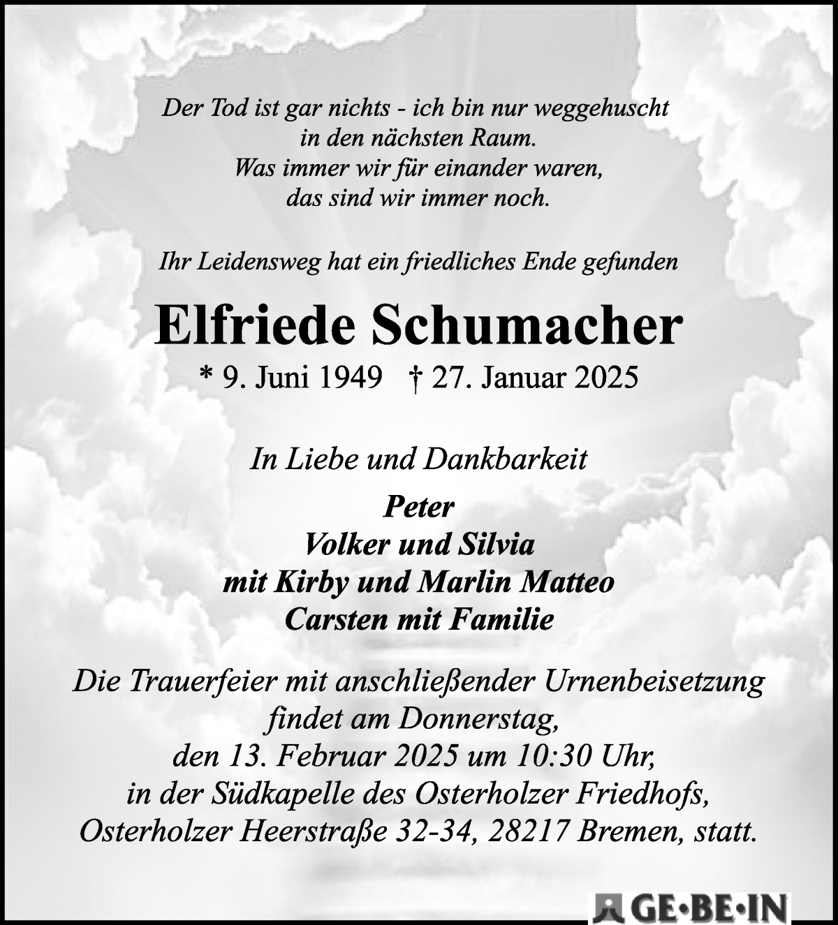 Traueranzeige von Elfriede Schumacher von WESER-KURIER