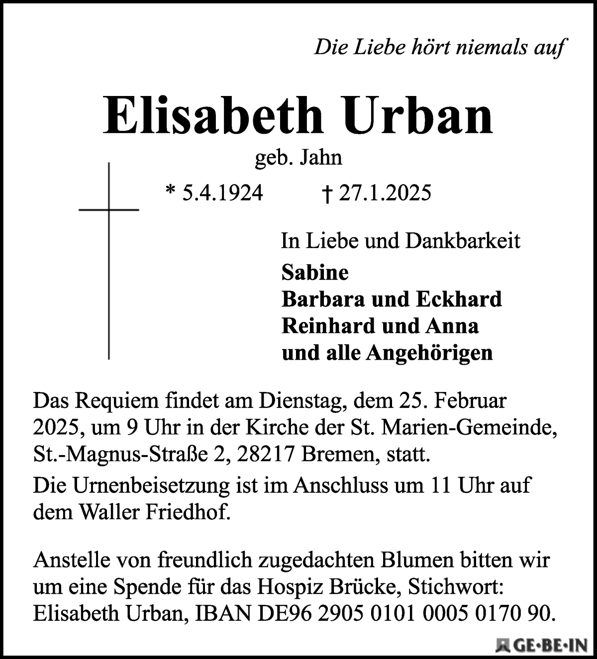 Traueranzeige von Elisabeth Urban von WESER-KURIER