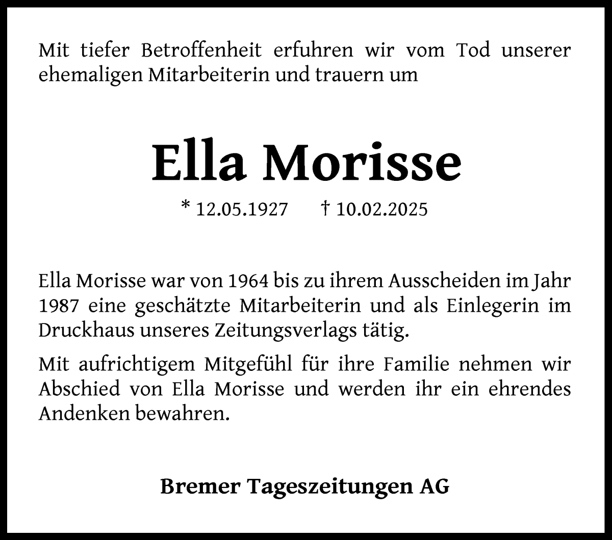 Traueranzeige von Ella Morisse von WESER-KURIER