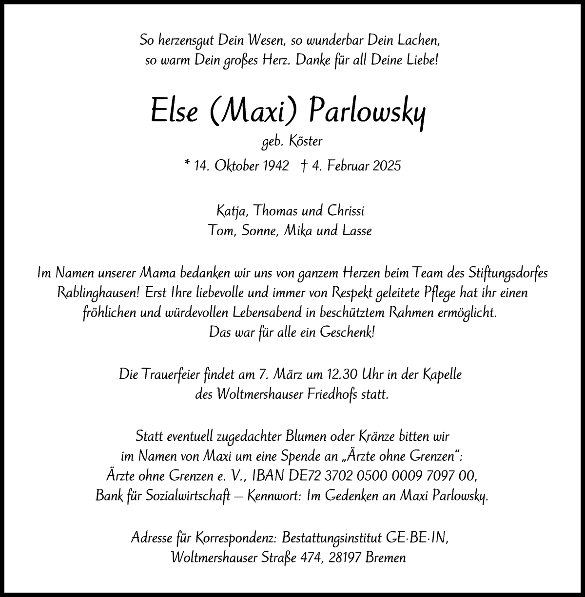 Traueranzeige von Else Parlowsky von WESER-KURIER